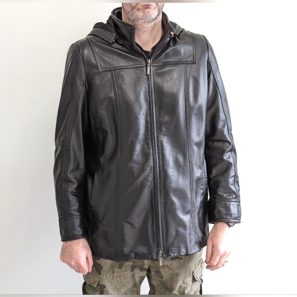 Classic Danier black leather coat mens jacket detachable liner + hood size L